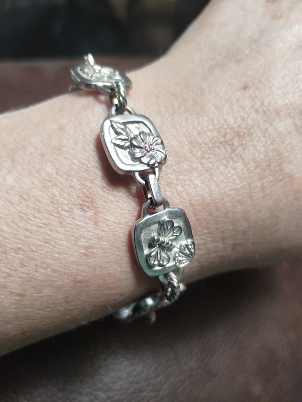 Engraved Floral Panel Bracelet Signed "SG" Thailand Sterling Silver & Pink CZ